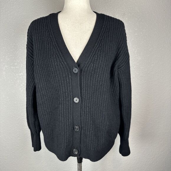 Wilfred Ribbed Knit Button V-Neck Cardigan Sweater Size M Black Merino Wool - Picture 1 of 6